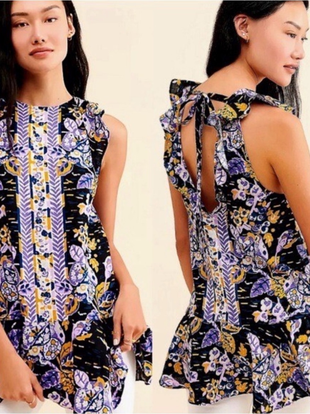 Free People Floral Back-Tie Ruffle Hem Dress - Black, Purple & Yellow